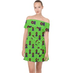 Nerdy 60s  Girl Pattern Green Off Shoulder Chiffon Dress by snowwhitegirl