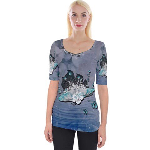 Sport, Surfboard With Flowers And Fish Wide Neckline Tee by FantasyWorld7