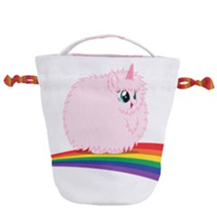 Pink Fluffy Unicorns Dancing On Rainbows Drawing Drawstring Bucket Bag by Sudhe
