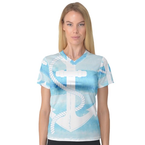 Anchor Watercolor Painting Blue V-neck Sport Mesh Tee by Sudhe