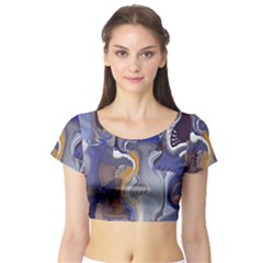 Cobalt Blue Silver Orange Wavy Lines Abstract Short Sleeve Crop Top by CrypticFragmentsDesign