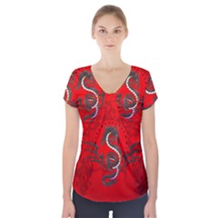Chinese Dragon On Vintage Background Short Sleeve Front Detail Top by FantasyWorld7
