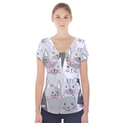 Hand Draw Cats Seamless Pattern Short Sleeve Front Detail Top by Vaneshart
