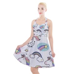 Cute Unicorns With Magical Elements Vector Halter Party Swing Dress  by Sobalvarro