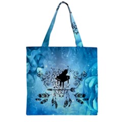 Piano With Feathers, Clef And Key Notes Zipper Grocery Tote Bag by FantasyWorld7