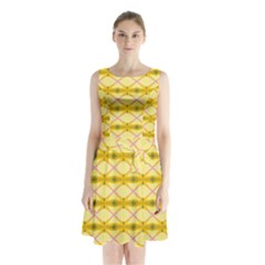 Pattern Pink Yellow Sleeveless Waist Tie Chiffon Dress by HermanTelo