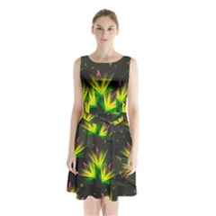 Floral Abstract Lines Sleeveless Waist Tie Chiffon Dress by HermanTelo
