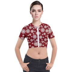 Snowflakes On Red Short Sleeve Cropped Jacket by bloomingvinedesign