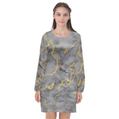Marble Neon Retro Light Gray With Gold Yellow Veins Texture Floor Background Retro Neon 80s Style Neon Colors Print Luxuous Real Marble Long Sleeve Chiffon Shift Dress  by genx