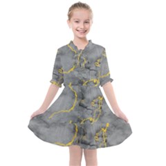 Marble Neon Retro Light Gray With Gold Yellow Veins Texture Floor Background Retro Neon 80s Style Neon Colors Print Luxuous Real Marble Kids  All Frills Chiffon Dress by genx