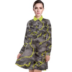 Marble Light Gray With Green Lime Veins Texture Floor Background Retro Neon 80s Style Neon Colors Print Luxuous Real Marble Long Sleeve Chiffon Shirt Dress by genx