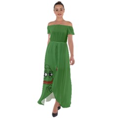 Pepe The Frog Smug Face With Smile And Hand On Chin Meme Kekistan All Over Print Green Off Shoulder Open Front Chiffon Dress by snek