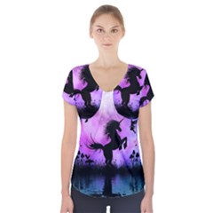 Wonderful Unicorn With Fairy In The Night Short Sleeve Front Detail Top by FantasyWorld7