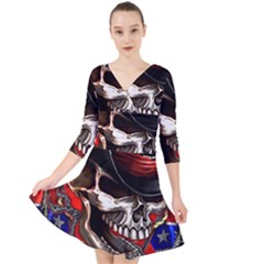 Confederate Flag Usa America United States Csa Civil War Rebel Dixie Military Poster Skull Quarter Sleeve Front Wrap Dress by Sapixe