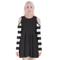 Black And White Large Stripes Goth Mime French Style Velvet Long Sleeve Shoulder Cutout Dress by genx