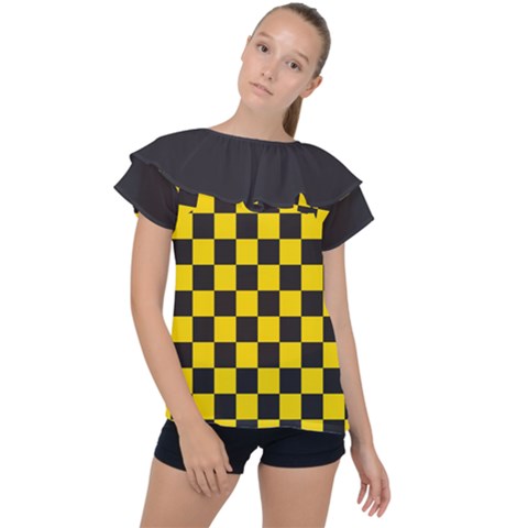 Checkerboard Pattern Black And Yellow Ancap Libertarian Ruffle Collar Chiffon Blouse by snek