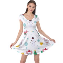 Christmas Seamless Pattern With Cute Kawaii Mouse Cap Sleeve Dress by Vaneshart