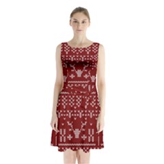 Beautiful Knitted Christmas Pattern Red Sleeveless Waist Tie Chiffon Dress by Vaneshart
