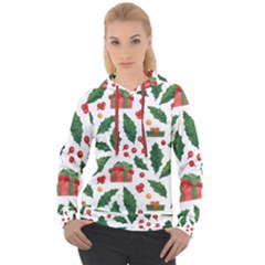 Christmas Seamless Pattern With Holly Red Gift Box Women s Overhead Hoodie by Vaneshart