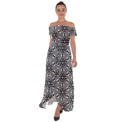 Black And White Pattern Off Shoulder Open Front Chiffon Dress by HermanTelo