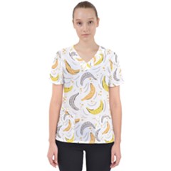 Seamless Stylish Pattern With Fresh Yellow Bananas Background Women s V-neck Scrub Top by Wegoenart