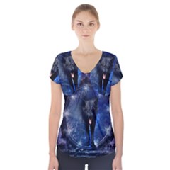 Awesome Wolf In The Gate Short Sleeve Front Detail Top by FantasyWorld7