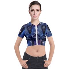 Awesome Wolf In The Gate Short Sleeve Cropped Jacket by FantasyWorld7