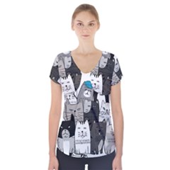 Cute Cat Hand Drawn Cartoon Style Short Sleeve Front Detail Top by Vaneshart