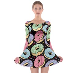 Colorful Donut Seamless Pattern On Black Vector Long Sleeve Skater Dress by Sobalvarro