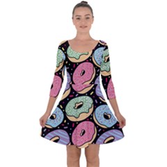 Colorful Donut Seamless Pattern On Black Vector Quarter Sleeve Skater Dress by Sobalvarro