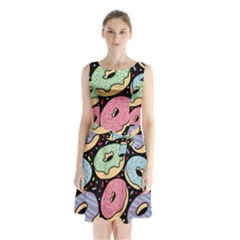 Colorful Donut Seamless Pattern On Black Vector Sleeveless Waist Tie Chiffon Dress by Sobalvarro