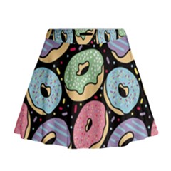 Colorful Donut Seamless Pattern On Black Vector Mini Flare Skirt by Sobalvarro