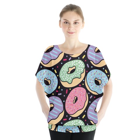 Colorful Donut Seamless Pattern On Black Vector Batwing Chiffon Blouse by Sobalvarro