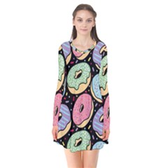 Colorful Donut Seamless Pattern On Black Vector Long Sleeve V-neck Flare Dress by Sobalvarro