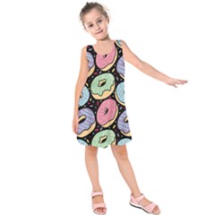 Colorful Donut Seamless Pattern On Black Vector Kids  Sleeveless Dress by Sobalvarro