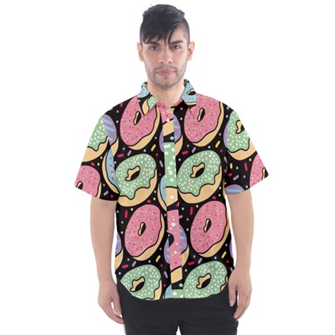 Colorful Donut Seamless Pattern On Black Vector Men s Short Sleeve Shirt by Sobalvarro