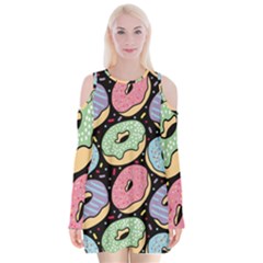 Colorful Donut Seamless Pattern On Black Vector Velvet Long Sleeve Shoulder Cutout Dress by Sobalvarro