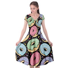 Colorful Donut Seamless Pattern On Black Vector Cap Sleeve Wrap Front Dress by Sobalvarro