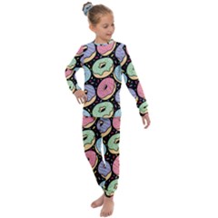 Colorful Donut Seamless Pattern On Black Vector Kids  Long Sleeve Set  by Sobalvarro
