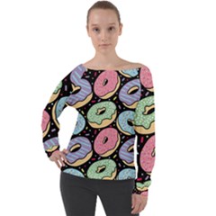 Colorful Donut Seamless Pattern On Black Vector Off Shoulder Long Sleeve Velour Top by Sobalvarro