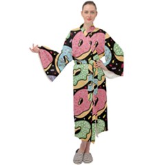 Colorful Donut Seamless Pattern On Black Vector Maxi Velour Kimono by Sobalvarro
