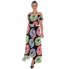 Colorful Donut Seamless Pattern On Black Vector Off Shoulder Open Front Chiffon Dress by Sobalvarro