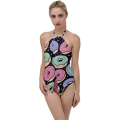 Colorful Donut Seamless Pattern On Black Vector Go With The Flow One Piece Swimsuit by Sobalvarro