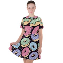 Colorful Donut Seamless Pattern On Black Vector Short Sleeve Shoulder Cut Out Dress  by Sobalvarro
