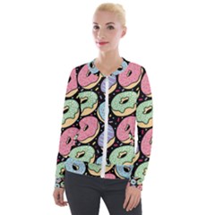 Colorful Donut Seamless Pattern On Black Vector Velour Zip Up Jacket by Sobalvarro