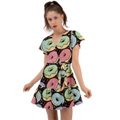 Colorful Donut Seamless Pattern On Black Vector Flutter Sleeve Wrap Dress by Sobalvarro
