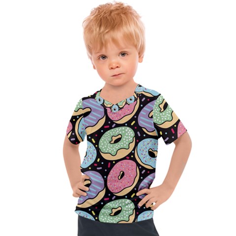 Colorful Donut Seamless Pattern On Black Vector Kids  Sports Tee by Sobalvarro