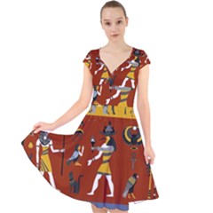 Ancient Egyptian Religion Seamless Pattern Cap Sleeve Front Wrap Midi Dress by Wegoenart