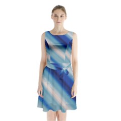 Blue White Sleeveless Waist Tie Chiffon Dress by Sparkle