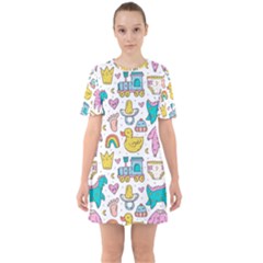 Baby Care Stuff Clothes Toys Cartoon Seamless Pattern Sixties Short Sleeve Mini Dress by Vaneshart